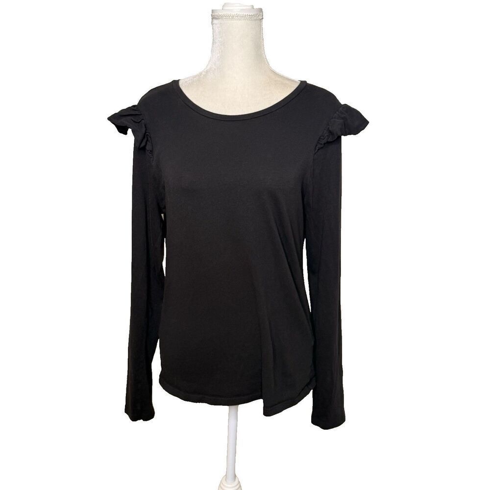 Frame Womens Long Sleeve Crew Neck Knit Tee Shirt Ruffle Shoulder Size L Black
